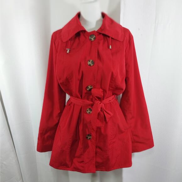 LONDON FOG "TOWNE!" RACY RED COTTON DUCK BELTED RAINCOAT, W/BUTTON ON HOOD! SZ L - Picture 2 of 13